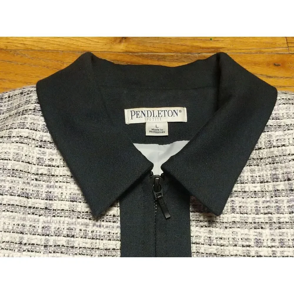 Pendleton Women's Suit Jacket LARGE Petite‎ White Black Gray Full Zip Lined